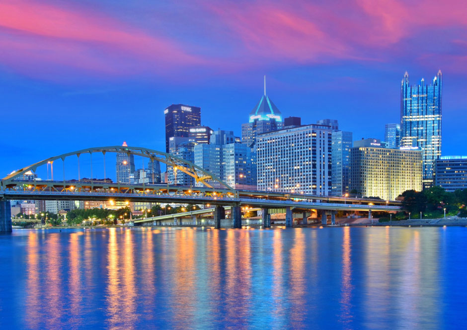 View of a city at sunset