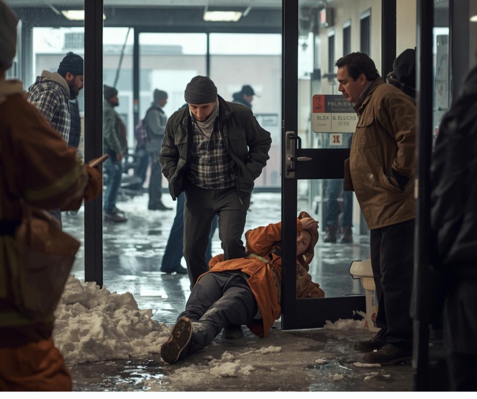 A man in a beanie steps over a person lying on the floor in a building’s doorway while another man watches A man in a beanie steps over a person lying on the floor in a building's doorway while another man watches