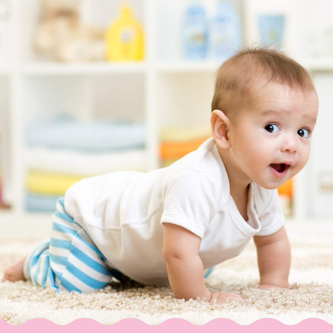 A cheerful baby wearing a white shirt and blue striped pants crawls on a soft beige carpet A cheerful baby wearing a white shirt and blue striped pants crawls on a soft beige carpet - https://www.neofesinsurance.com/